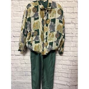 Fuda International 2 PC Pants/Jacket Tracksuit Set Green Earthy SZ XL 100% Silk